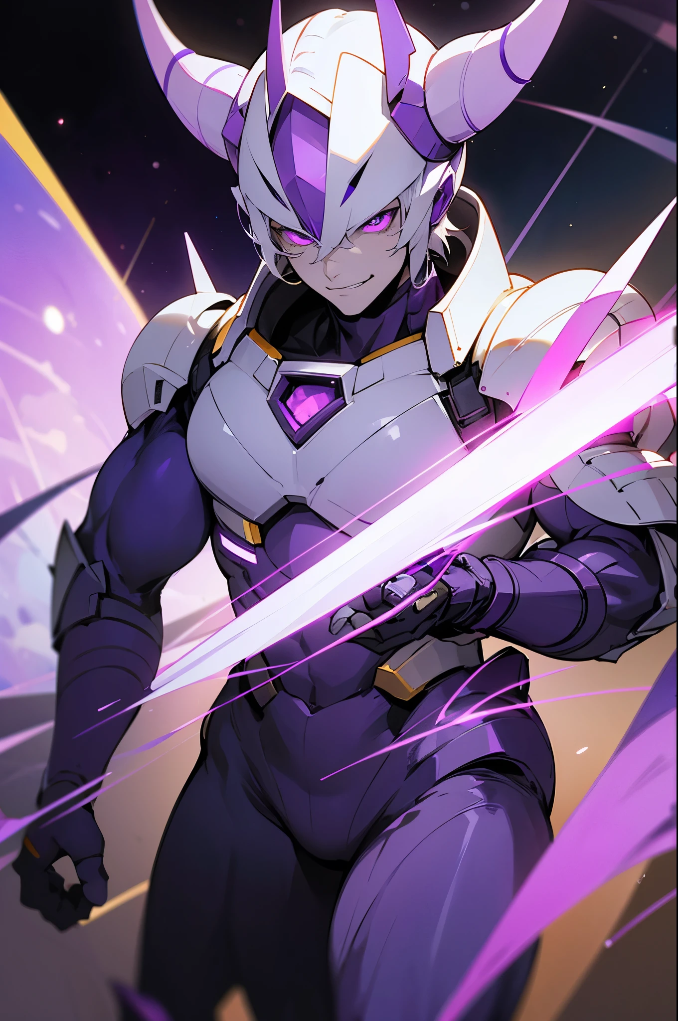 short white hair, purple eyes, purple horned helmet, muscular male, in space, pale white skin, evil smirk, full body,purple space amor, camera in front of person, golden armor platings on body