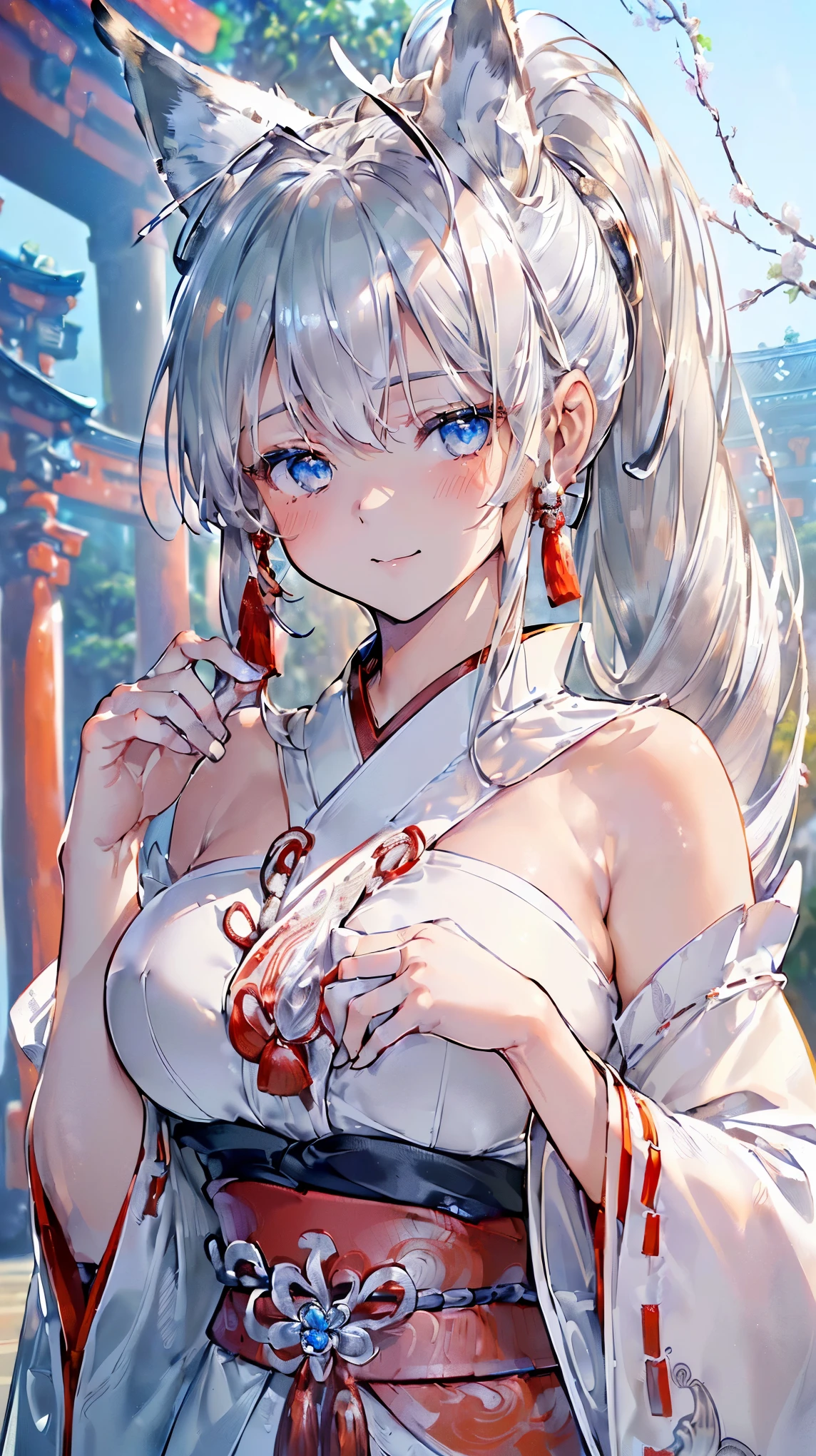 (((Masterpiece))), (((Highest quality))), ((Ultra-detailed)), ((Super fine illustration)), ((Ultra-fine painting)), (16K highest quality wallpaper:1.4), (Upper body:1.6), HDR, (Highly detailed and delicate illustration style:1.8), Detailed skin texture, Detailed cloth texture, Extreme detailed description, (T-masterpiece), (Highly detailed face:1.4), (Highly detailed silver fox ears:1.4), (Highly detailed shiny ponytail:1.2), (Highly detailed beautiful eyes:1.2), Original, RAW photo, Professional, Intricate details, Super details, Direct light:1.6, (Perfect anatomy:1.4), (Highly detailed hands:1.2), (Highly detailed fingers:1.2), (Highly detailed fingertips:1.2), (27-years-old), Real, (Solo:1.6), ((A very beautiful and attractive silver fox model who is a messenger of God and a traditional Japanese sacred shrine maiden:1.4)) BRAKE (Beautiful and adorable silver fox ears:1.8), (Highly detailed and delicate silver fox ears:1.6), (Beautiful and well-shaped big breasts:1.2), (Beautiful and well-shaped buttocks), (Beautiful and shiny silver ponytail:1.6), (Highly detailed and delicate silver ponytail:1.2), (Beautiful clear blue eyes that shine with great detail:1.6), (Highly detailed and delicate blue eyes:1.2), (Highly detailed face:1.4), (Smile:1.5), (Blush:1.3), (Looking at viewer:1.4), (Celebration:1.4), (Standing:1.2) BRAKE ((Brightly white and red colored) and divine traditional shrine maiden costumes at Japanese shrines:1.4), (Japanese divine traditional costume:1.2) BRAKE ((Highly detailed and beautiful Ise Grand Shrine in Mie Prefecture just after noon in spring in the background:1.6), (Celebration:1.4), Highly beautiful in the sunny sky background just after noon:1.2) BRAKE 