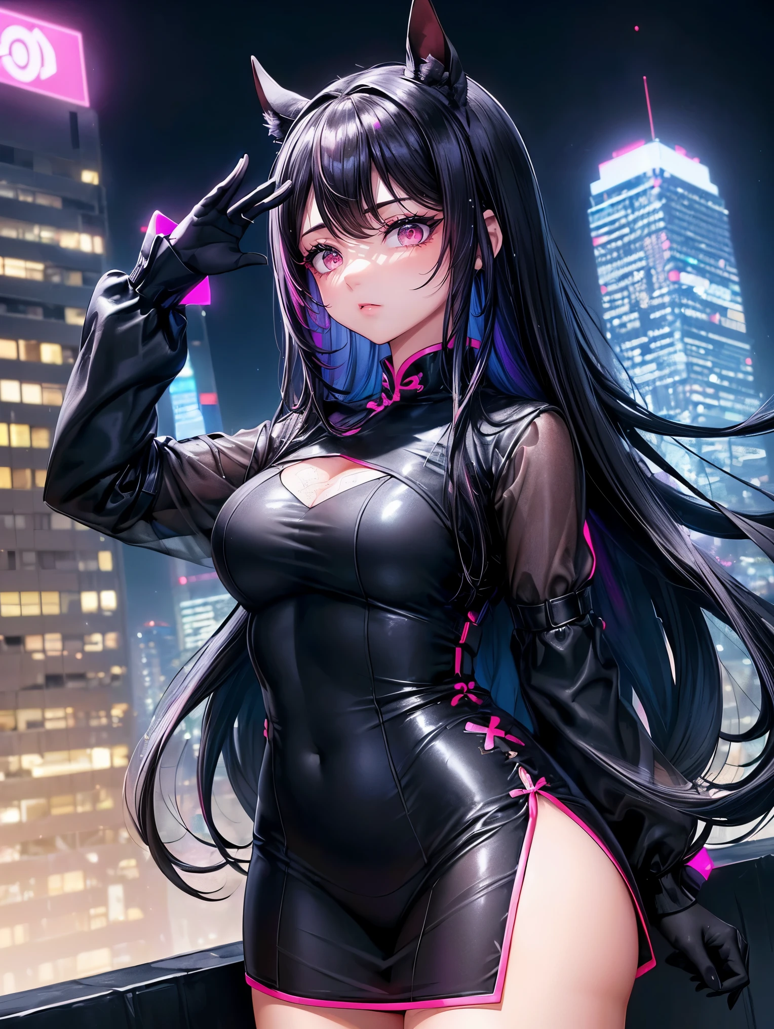 anime, (obra de arte, melhor qualidade, ultra-detalhado, Alto contraste), 1 mulher (sozinho, corpo todo, corpo plus size, standing on the edge of the skyscraper, cabelo prateado, LONGO em um rabo de cavalo, olhos vermelhos, olhos perfeitos brilhos de rubi, (qipao preto simples, black cybernetics with neon pink), Meias pretas transparentes), (skyscraper roof, com vista para uma cidade, fundo detalhado ((Night time, darkness, low light pollution)))