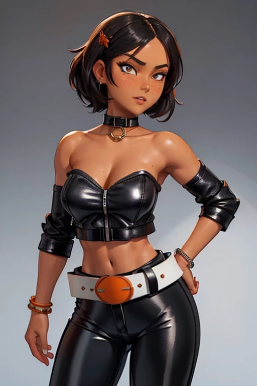 8K, (best quality, masterpiece:1.3), (detailed:1.2), 1girl, solo, ((26 year old, Filipino Woman, tanned bronze skin:1.02, short black hair:1.3, Detailed Amber eyes:1.03, Detailed face, medium breasts, narrow waist, wide hips, curvy (Wearing: Opened black jacket, Strapless Orange tube top, black leather pants, white belt, bracelets:1.2)), (midriff), (agile physique:1.1), (Character Focus),Perfect Anatomy, Looking at Viewer
