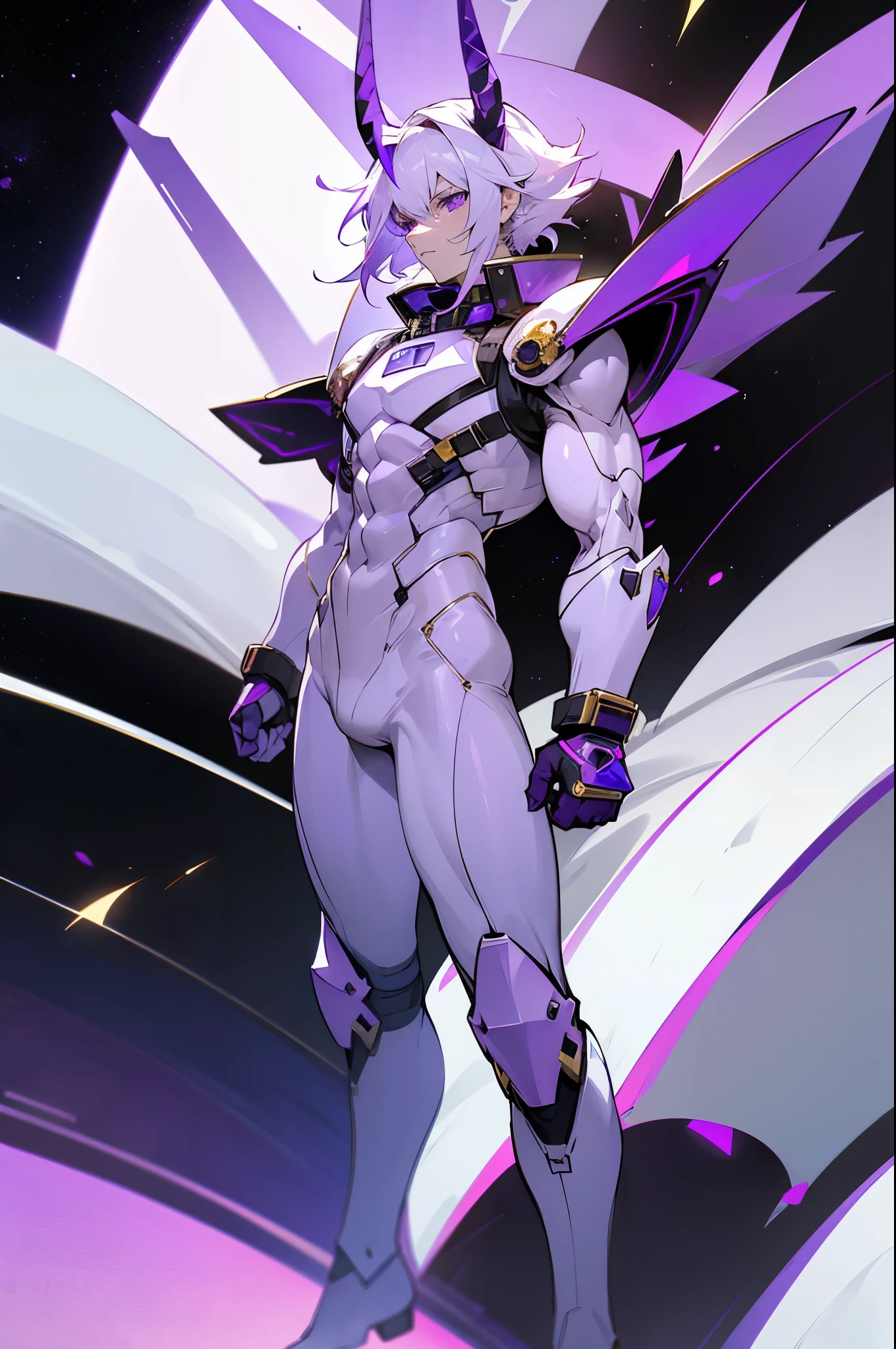 short white hair, purple eyes, purple horned helmet, muscular male, in space, pale white skin, serious face, full body,purple space amor, camera in front of person, golden armor platings on body, arms in pockets