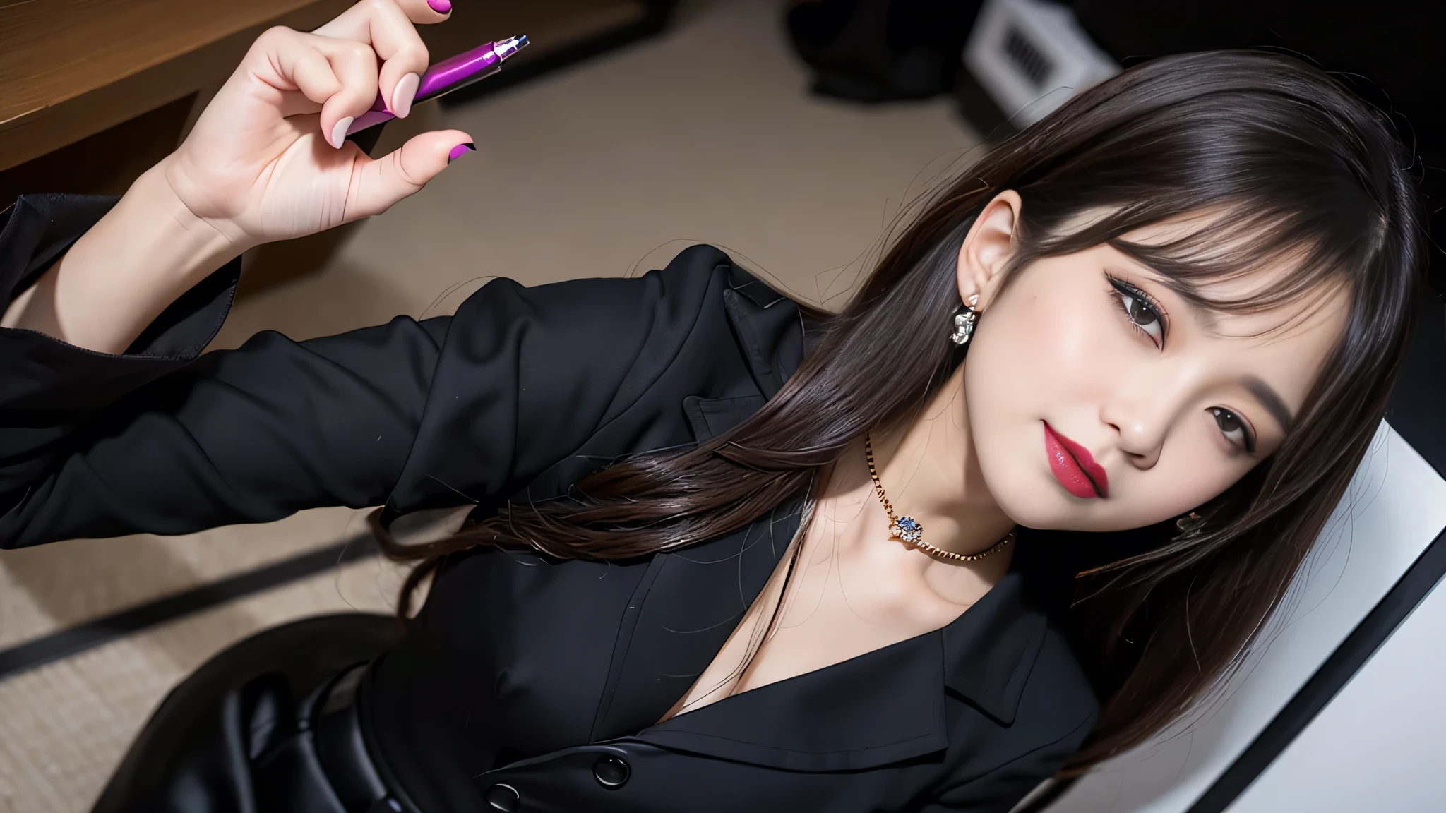 best quality、ultra-detailed、4k、Japanese、Seductive beauty、seductive adult woman、Pretty Woman、cool girl、Villainess、Brainwashed、brainwash、Fallen into evil、smirk、Evil look、Wicked Smile、evil、Brown hair、wavy hair、swept bangs、dark makeup、dark makeup、piercing eyes、hollow eyes,half-closed eyes、Hollow Eyes、purple Eyeshadow、black lipstick、black lipglos、office staff suit、suit、Jacket、Black sleeves、shirt、Black Ribbon、Tight Skirt、night、inside darkroom、Are standing、shoot from below、Makeup brushes、Have lipstick、Emblem of Evil、Crest of Darkness、Swear allegiance、I have pledged my allegiance、Dye black、Blackening、Stained with evil、Dyed in darkness、Seduce