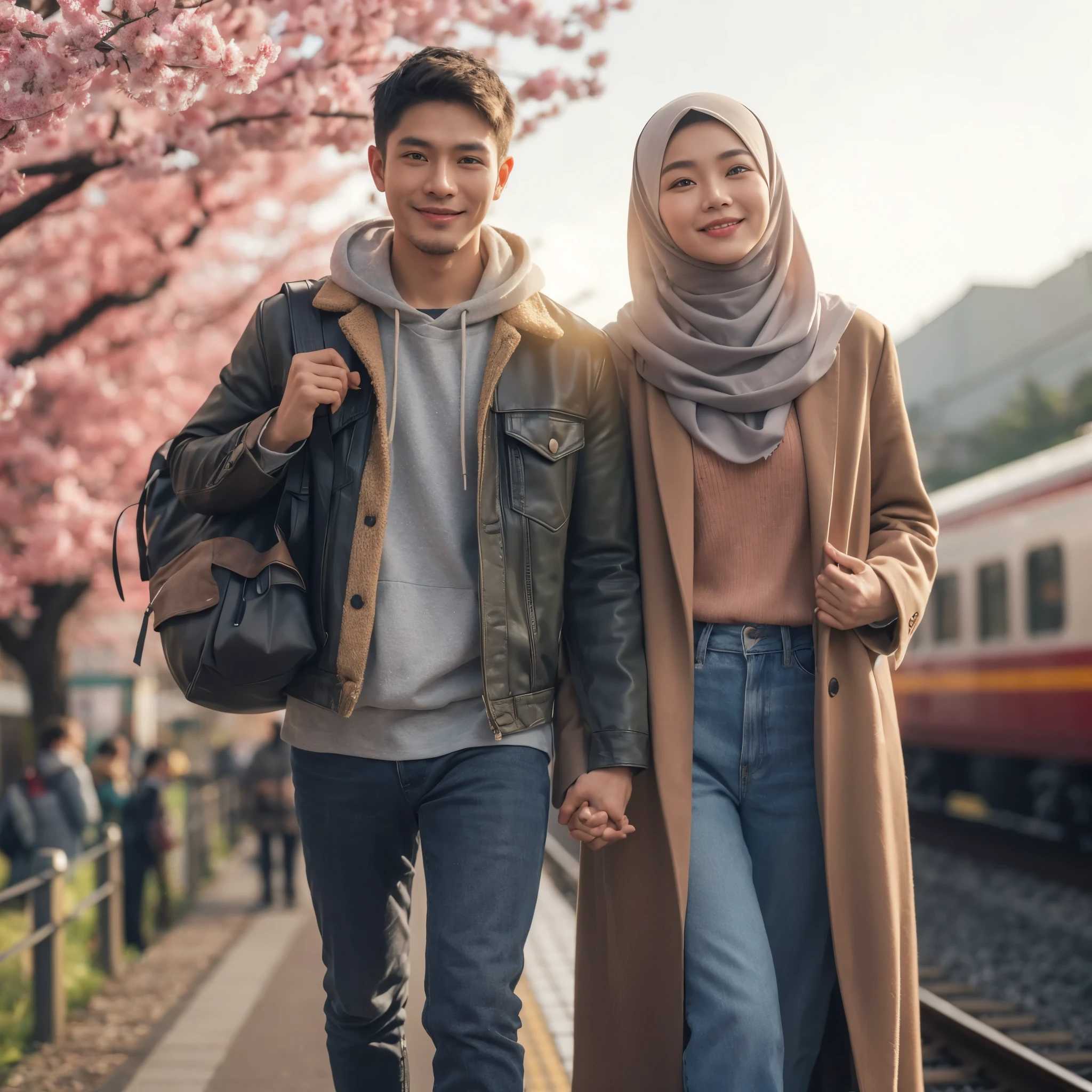 the entire body, wide shot, cinematic portrait of a very short-haired handsome Indonesian man wearing boots smiling, walking hand in hand with a beautiful Indonesian woman wearing a hijab, carrying a backpack, with their backs to the train while at the Yunokomi station with cherry blossoms, spring at the station, bokeh background, smiling face looking at the camera, realistic 