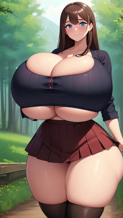 ((Masterpiece)), (((perfect anatomy))), perfect shading, field of depth, (((best quality))), extremely delicate and beautiful, perfect lighting, (detailed face), ultra cute face, ((cute)), (cowboy shot 1.2), (((1girl))), ((solo)), looking at viewer,
(18 Years-Old), ((Red Top)), ((black pleated skirt)), ((blushing)), sweet smile, (Lush, slightly messy, Long Brown Hair), (Big Beautiful Blue Eyes), (((((((Gigantic breasts)))))))), (perky breasts), (((wide hips))), ((((thick thighs)))), (((((Extremely Oversized Breasts))))),
American Mountains, Forest, intricate background, detailed background, standing, big cleavage,