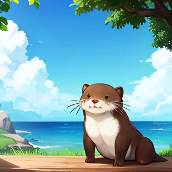 Otter, Eating bone-in meat,Adorable, blue sky, sun, cloud