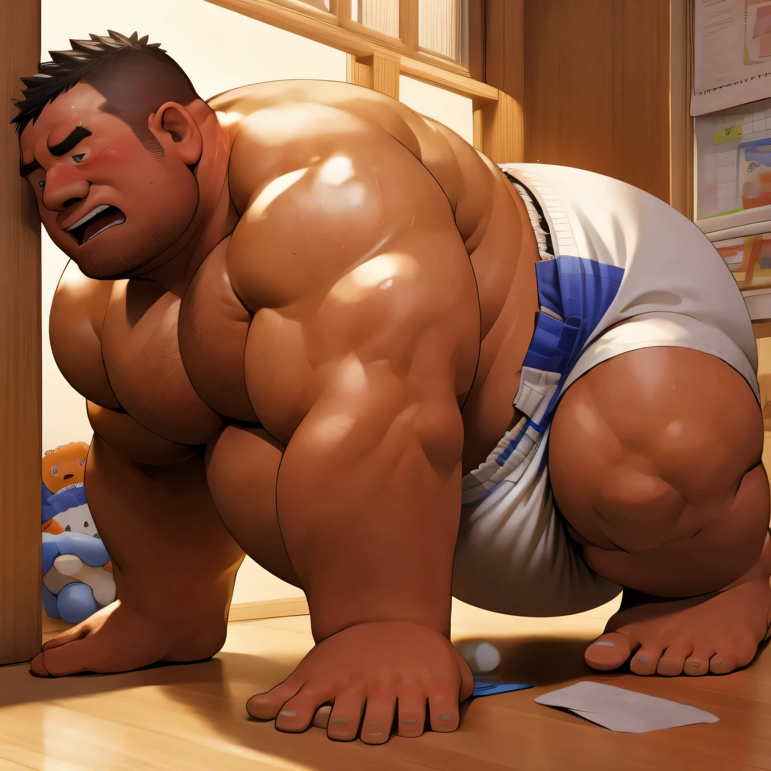 masterpiece, Top quality, in 32K, perfect , hyper detailed, super fine illustration, The thick man is a brutal prisoner, , hairy human, 50yo in Japan, (fatness: 1.0), Fatty muscle, Bowleg, disappointment, incontinent, be  check by children, waddle, There is a small puddle under him, incontinent, , short legs, Bowleg, , wear a White cloth ,  belly,  legs,  foots,  soles, Shirtless, wide forehead and short thinning hair, Man with round face with stubble,  foots,  soles, shy, , Weaker than children, Drool, Round face, steams, Solo, He enters nursery school and is despised by children, He surrounded by children, His bottom is wet,  foots, big , he is scolded by the children, White , He surrounded by children, sobbing, wear a White cloth , shirtless, There is a small puddle under him, He enters nursery school and is despised by children, big , sobbing, He crawling to go to children, , side view