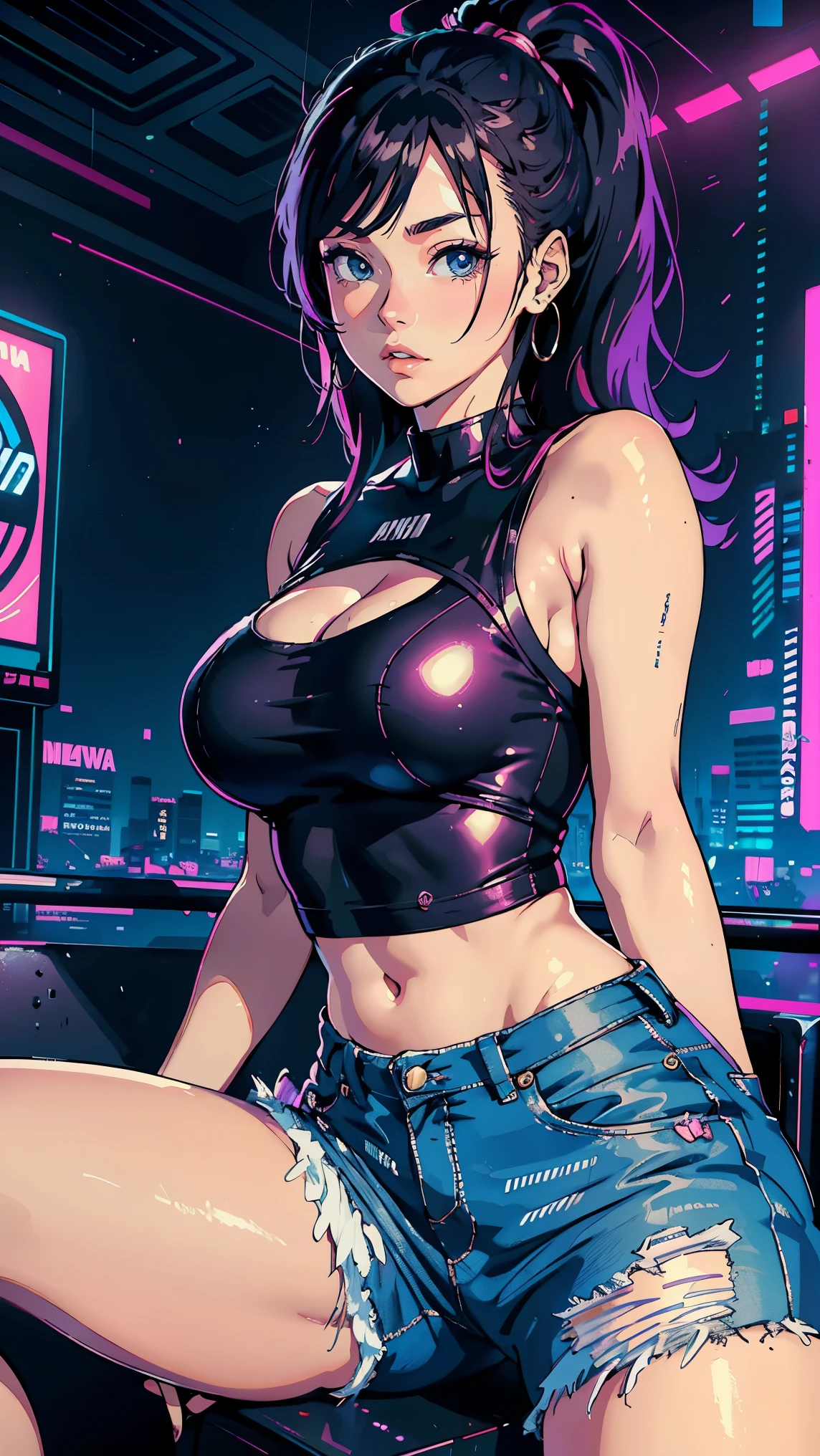 (Hinata Hyuga, Crossing your legs, Adult women, Very sensual, In tight clothes, Big Ass, Thick legs, Jean Shorts, Wearing a mini blouse, Navel comes out, Long Hair, Rear speakers, Very realistic, View of the Cyberpunk City, Clearly defined lines, Neon Lights Very Sexy, 8k, 8k Very detailed), (Very delicate and beautiful), (masterpiece), (Better Quality: 1.0), (Ultra-high resolution:1.0), ((Synthwave Background Theme))