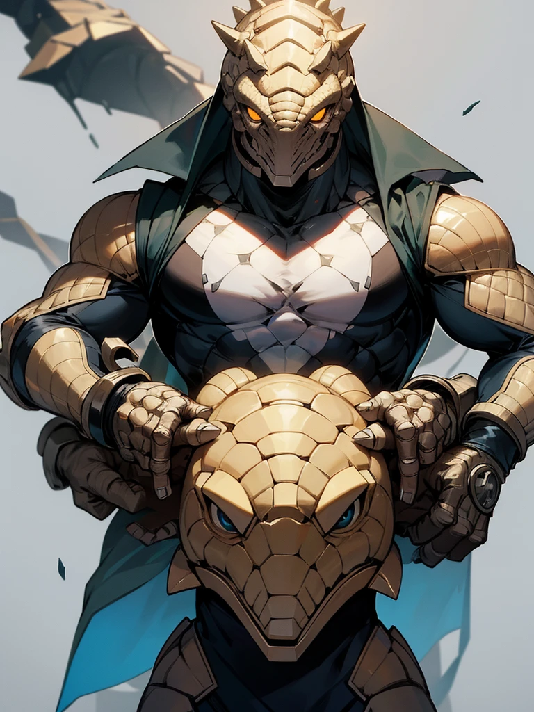 Humanoid ankylosaurus as a male DC super villain