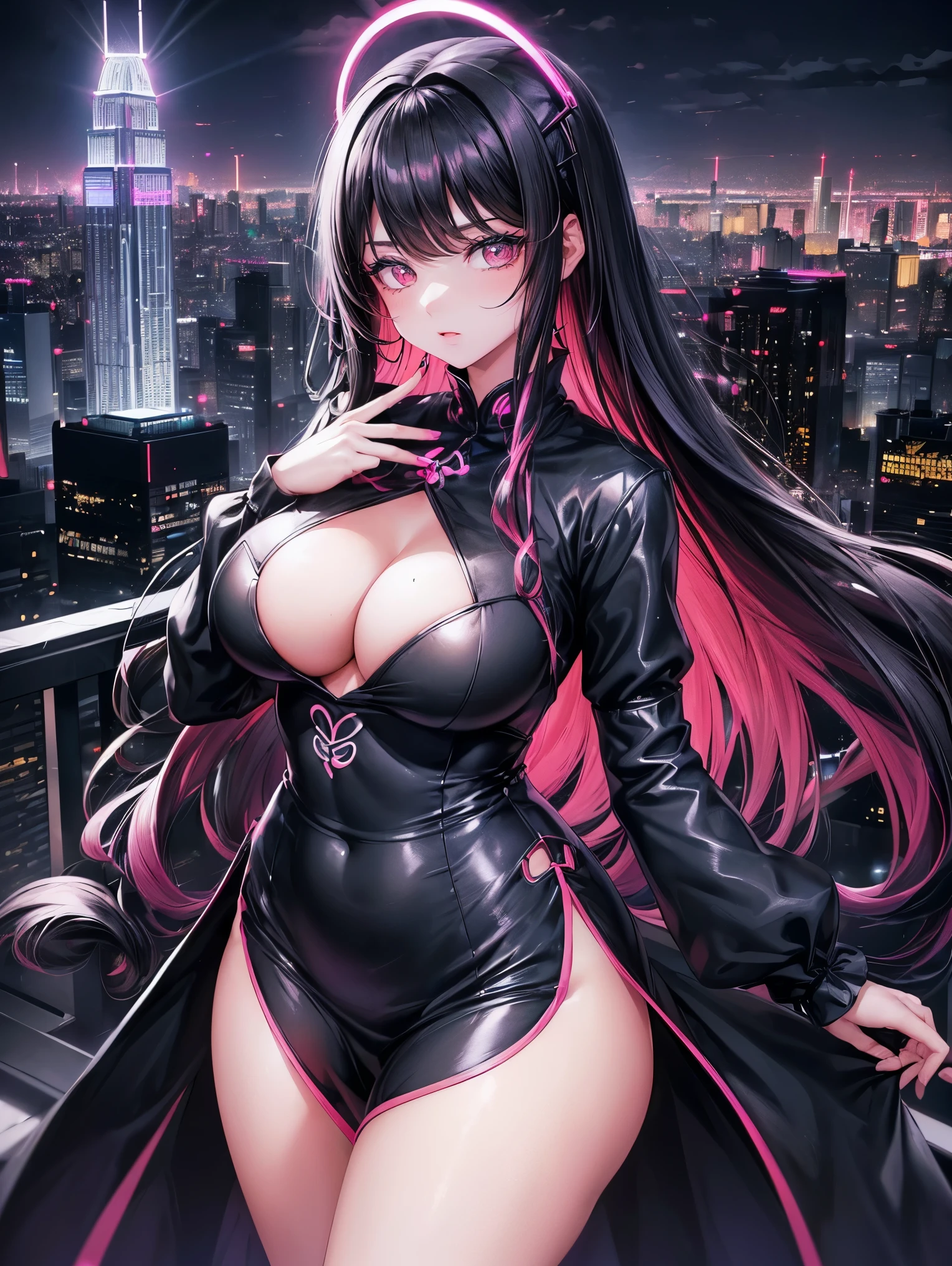 anime, (obra de arte, melhor qualidade, ultra-detalhado, Alto contraste), 1 mulher (sozinho, corpo todo, corpo plus size, standing on the edge of the skyscraper, cabelo prateado, LONGO em um rabo de cavalo, olhos vermelhos, olhos perfeitos brilhos de rubi, (qipao preto simples, black cybernetics with neon pink), Meias pretas transparentes), (skyscraper roof, com vista para uma cidade, fundo detalhado ((Night time, darkness, low light pollution)))