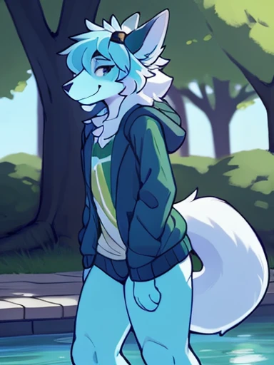 Cyan male furry wolf with white fur crying, wearing clothes , sitting under a tree