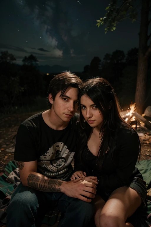 Joven pareja emo ella es mexicana y el es polaco muy hermoso, make them take a photo in the woods sitting cuddling in front of a campfire , noche , cielo estrellado , amor , emo ,