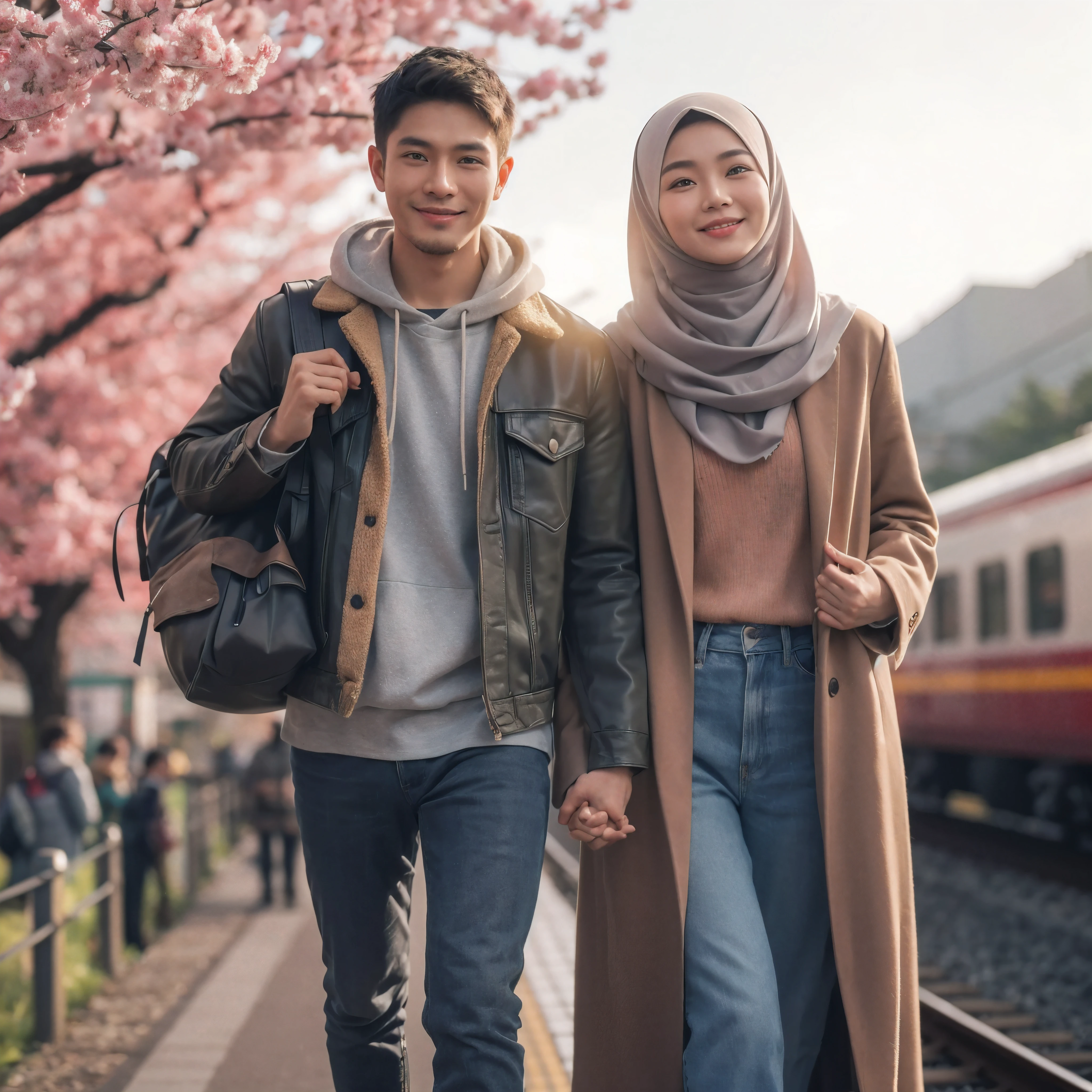 the entire body, wide shot, cinematic portrait of a very short-haired handsome Indonesian man wearing boots smiling, walking hand in hand with a beautiful Indonesian woman wearing a hijab, carrying a backpack, with their backs to the train while at the Yunokomi station with cherry blossoms, spring at the station, bokeh background, smiling face looking at the camera, realistic 