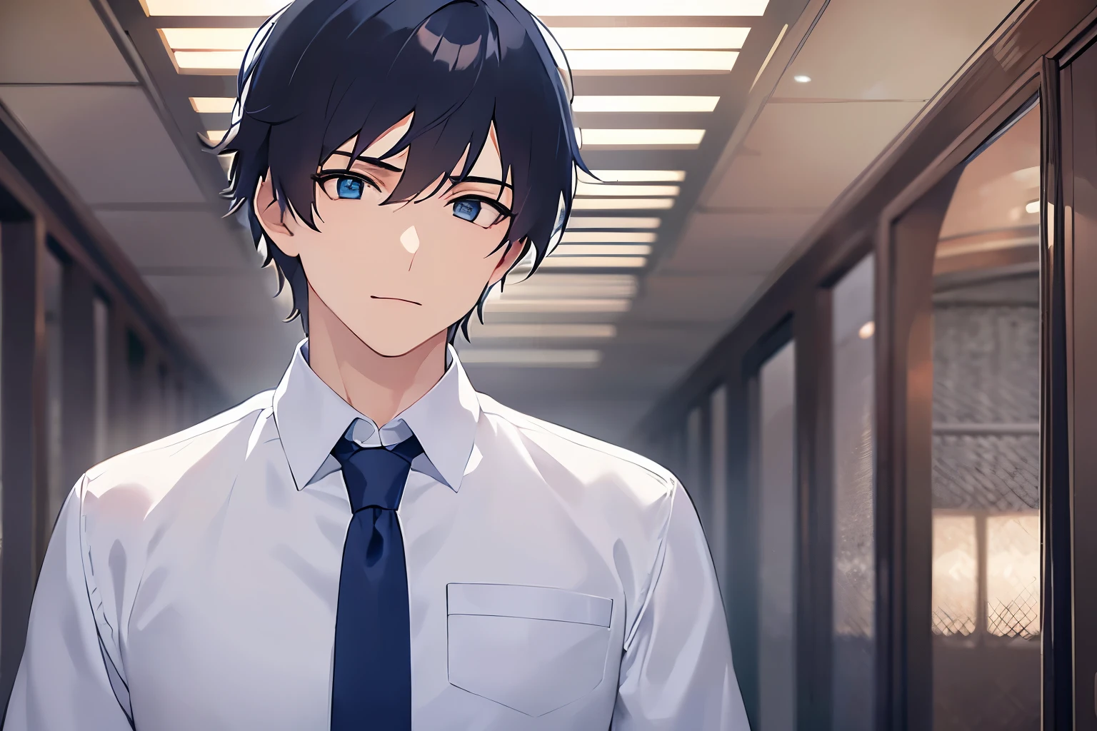 upper body、shiny skin, masterpiece、highest quality、(28-year-old male) and (Black short hair) and (blue eyes), (Wearing a suit) and (White collared shirt：1.5) and (Blue tie)、(Serious ：1.2)、The background is the city、Alone