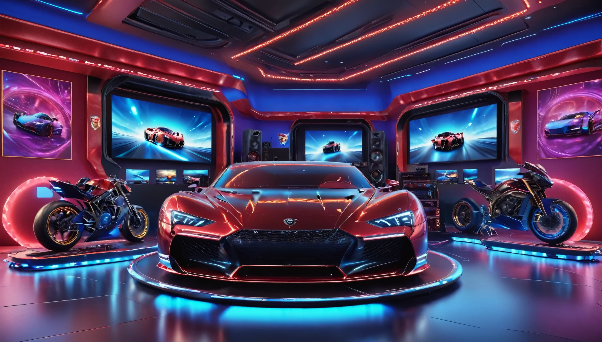 Wide-angle shot of a man in a lavish, dark red-walled room with black trim and red LED lighting. He lounges comfortably in casual attire - black sweatpants, Cam Am racing Tee shirt, neatly trimmed short blond hair, and beard. Bright blue eyes sparkle as he smiles directly at the camera amidst the glow of two 100-inch TVs and a gaming computer system with six screens stacked vertically, surrounded by high-performance gaming equipment and car/motorcycle memorabilia. Captured in surrealism with high detail, futurism, realism, modern cinematic lighting, glowing light, and super detail.