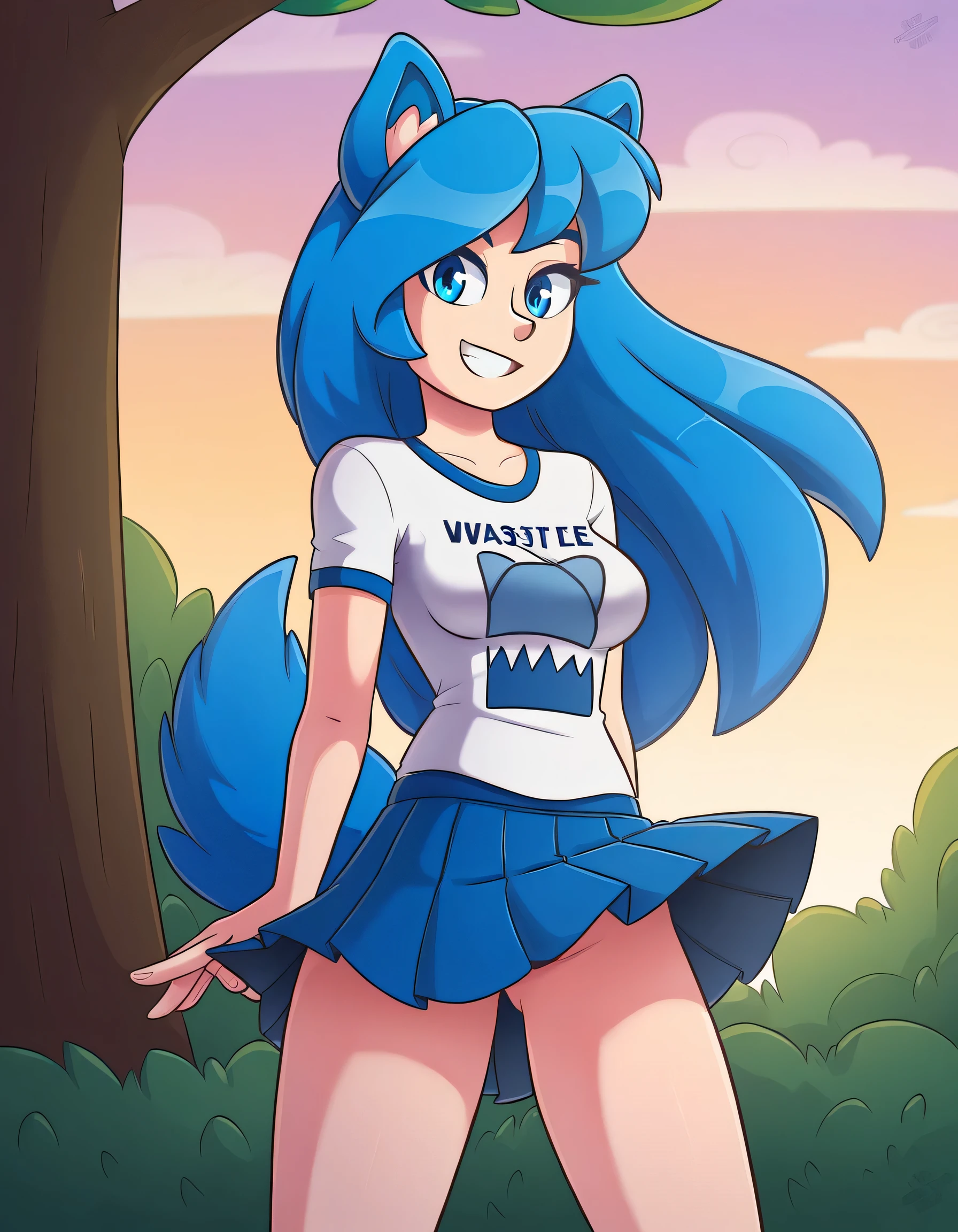 (Masterpiece) (High Detail) (High Res) A short slim humanoid girl with pale human skin and blue eyes and long blue hair and blue dog ears and a fluffy blue dog tail and medium breasts. She is stood outside in the park and is smiling shyly. She is wearing a pleated skirt and white t-shirt.