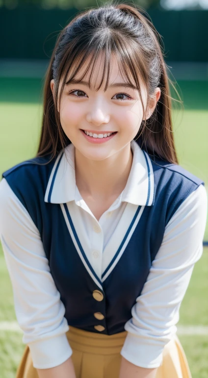 Enhanced dynamic perspective,Cute cute beautiful girl,open JK ,Look at me and smile,simple backgound,Works of masters,high quarity,Girls' Schools、4K resolution,super-fine,Detailed pubic hair,precise,Cinematic lighting,Volleyball Club、Leaves the original facial proportions、(large full breasts)、((buttonGap))、crouching down、