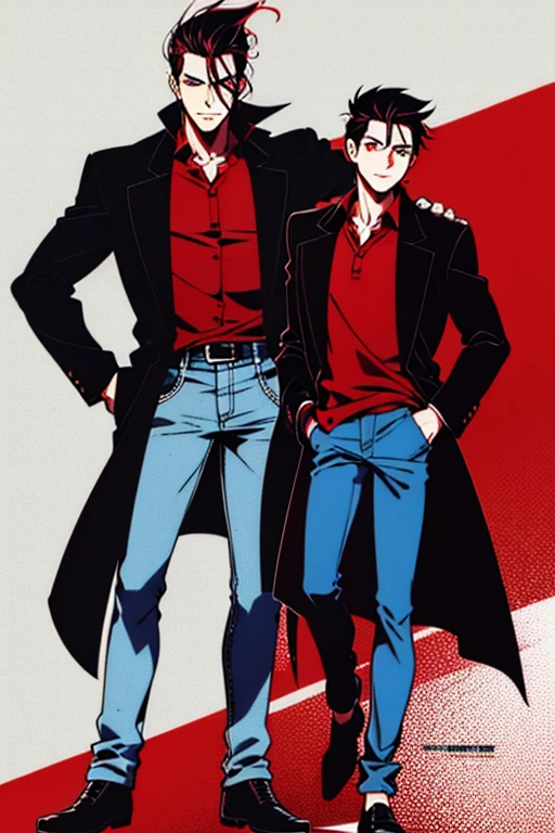 Male character with red eyes, black hair combed back, wearing overcoat, red shirt, jeans and shoes