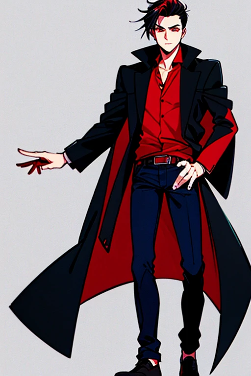 Male character with red eyes, black hair combed back, wearing overcoat, red shirt, jeans and shoes