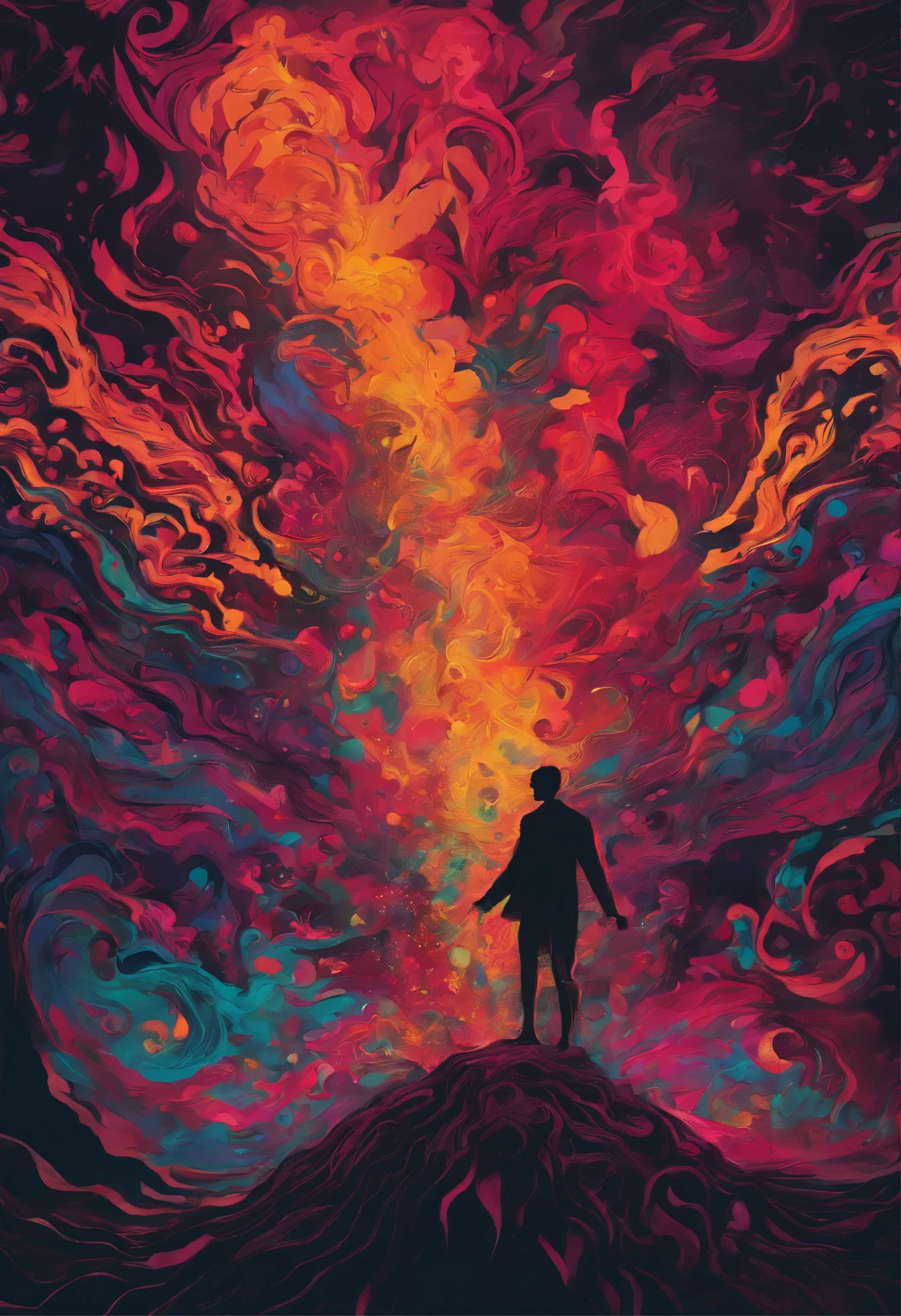A gloomy picture, depression, obsessed atmosphere, Black Room, black silhouette of a man, lies, black smoke comes from the body, Ashes, absurdity, Surrealism, painting in dark colors, masterpiece, in detail
