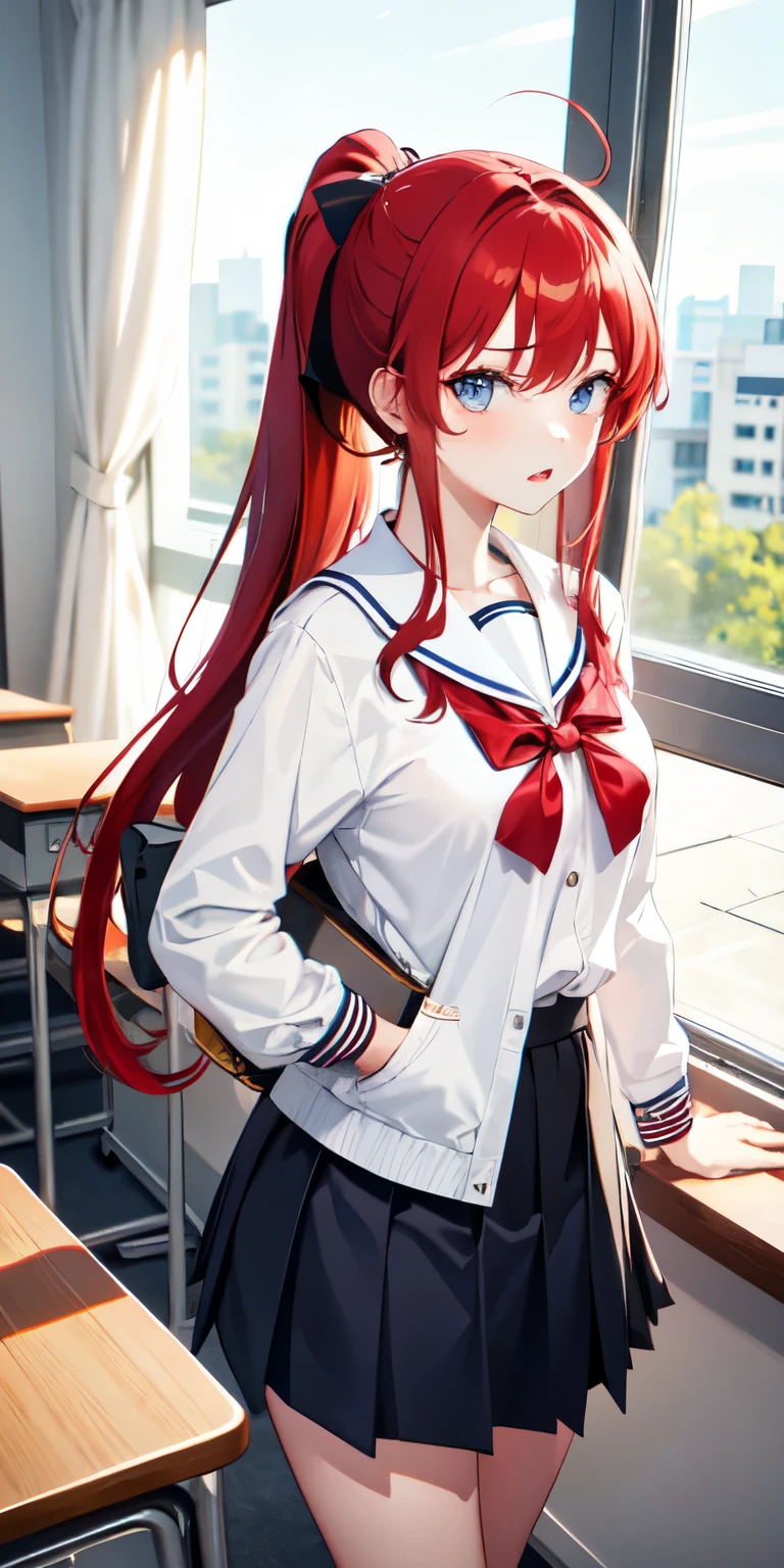 1girl, korean highschool uniform, red hair, hime cut, ponytail, blue eyes, skirt, in classroom, frown