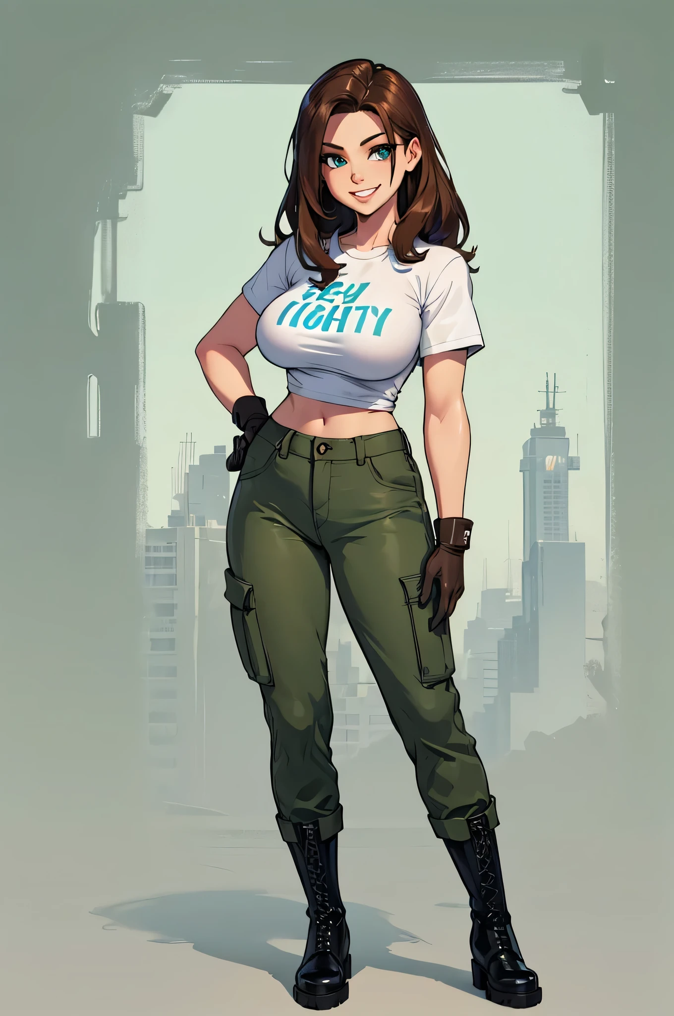 green solid background, 1 woman, best quality, ultra high res, long hair, full lips, brown hair, blue eyes, military cargo pants, cropped white t-shirt, short sleeves, smiling at viewers, wearing brown gloves, wearing black combat boots, double D breast, standing, full body