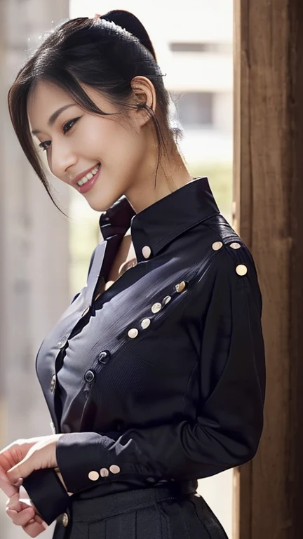company employee、(Body turned to the side、Shooting from the side、Looking to the side,Shooting from the side:1.6),Not looking here、(General shirt、Wearing a white blouse、Wearing a typical business suit),(The fourth button on her blouse is slightly open.,Only the fourth button is open、All buttons except the fourth button are closed、Chest visible through the gap in the button、The edge of the bra is visible through the gap between the buttons.:1.5),Mid-chest、slender、ponytail、Black Hair、Beauty、23 years old、cute、smile、(Long shirt:1.8),Tuck the shirt into the skirt、Cleavage