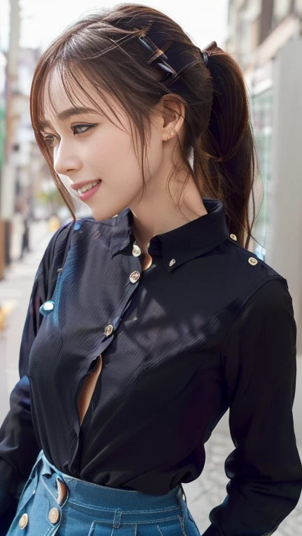 company employee、(Body turned to the side、Shooting from the side、Looking to the side,Shooting from the side:1.6),Not looking here、(General shirt、Wearing a white blouse、Wearing a typical business suit),(The fourth button on her blouse is slightly open.,Only the fourth button is open、All buttons except the fourth button are closed、Chest visible through the gap in the button、The edge of the bra is visible through the gap between the buttons.:1.5),Mid-chest、slender、ponytail、Black Hair、Beauty、23 years old、cute、smile、(Long shirt:1.8),Tuck the shirt into the skirt、Cleavage
