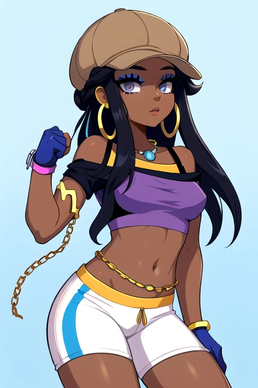 (masterpiece, best quality), 1girl,   nessadef, dark skin, makeup, single hair bun, crop top, single glove, spandex shorts, hoop earrings, belly chain, armlet, wristband, nessacasual, dark skin, makeup, cabbie hat, purple shirt, off shoulder, white pants, hoop earrings,