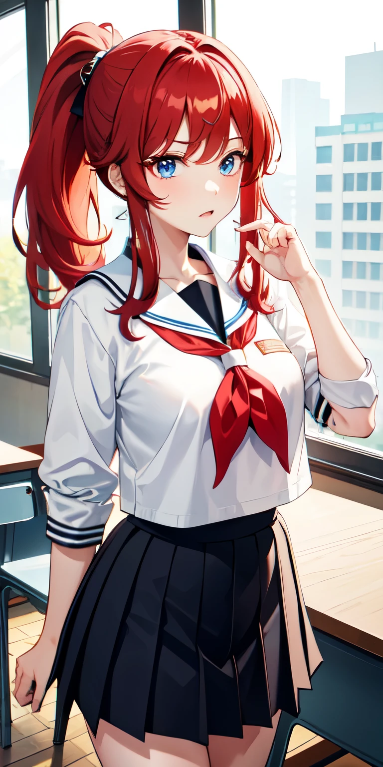 1girl, korean highschool uniform, red hair, hime cut, ponytail, blue eyes, skirt, in classroom, frown