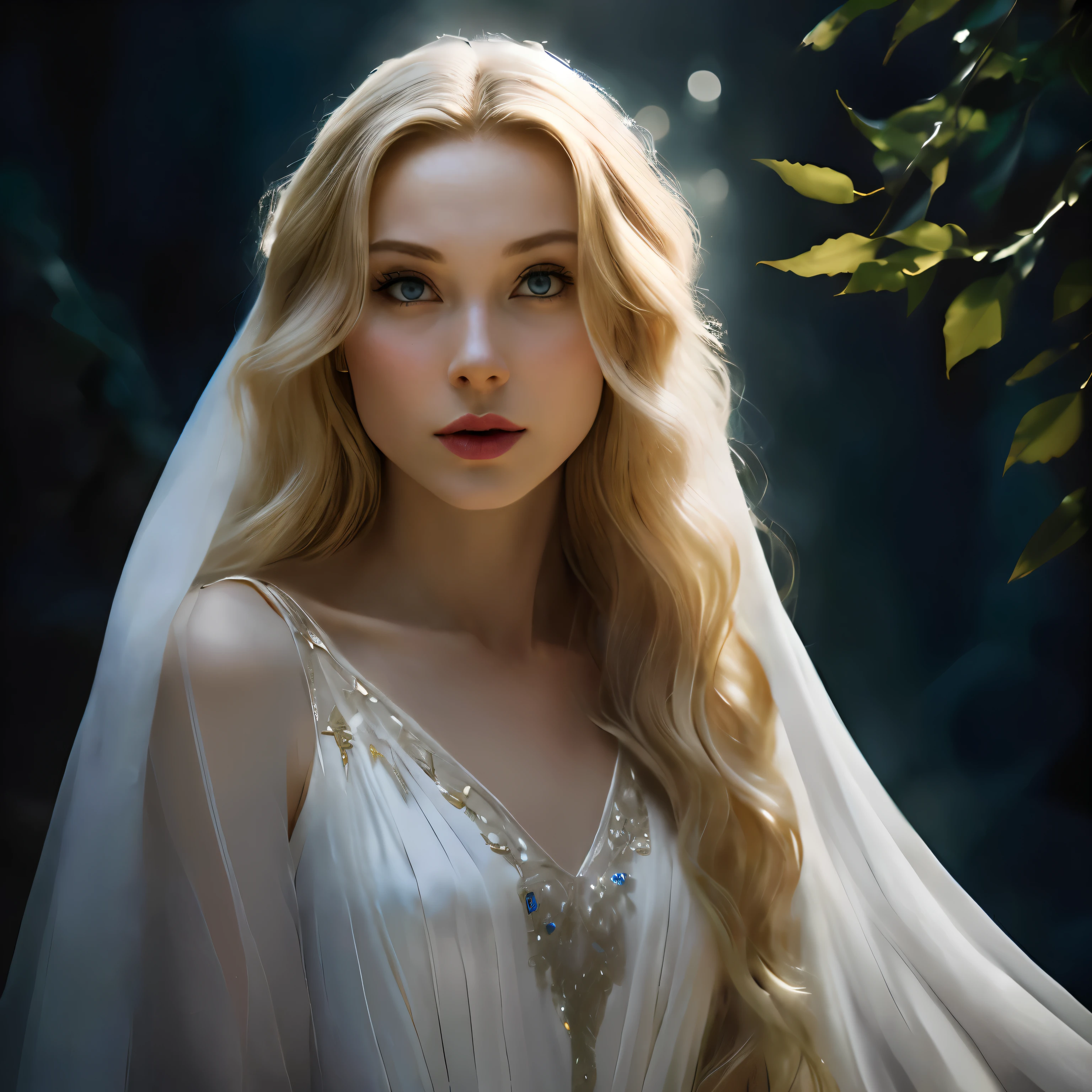 femme blonde aux cheveux longs portant une robe de mariée blanche et un voile, of elven queen Galadriel, beautiful princesse elfique, Galadriel, Galadriel in lothlórien, Galadriel from lord of the rings, Very beautiful elven supermodel, Blonde elven Empress, portrait d&#39;a very beautiful elf, princesse elfique