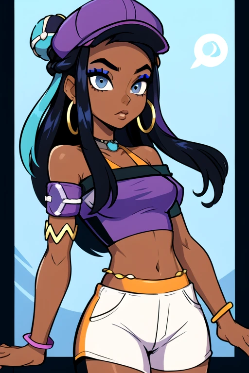 (masterpiece, best quality), 1girl, nessadef, dark skin, makeup, single hair bun, crop top, single glove, spandex shorts, hoop earrings, belly chain, armlet, wristband, nessacasual, dark skin, makeup, cabbie hat, purple shirt, off shoulder, white pants, hoop earrings,
