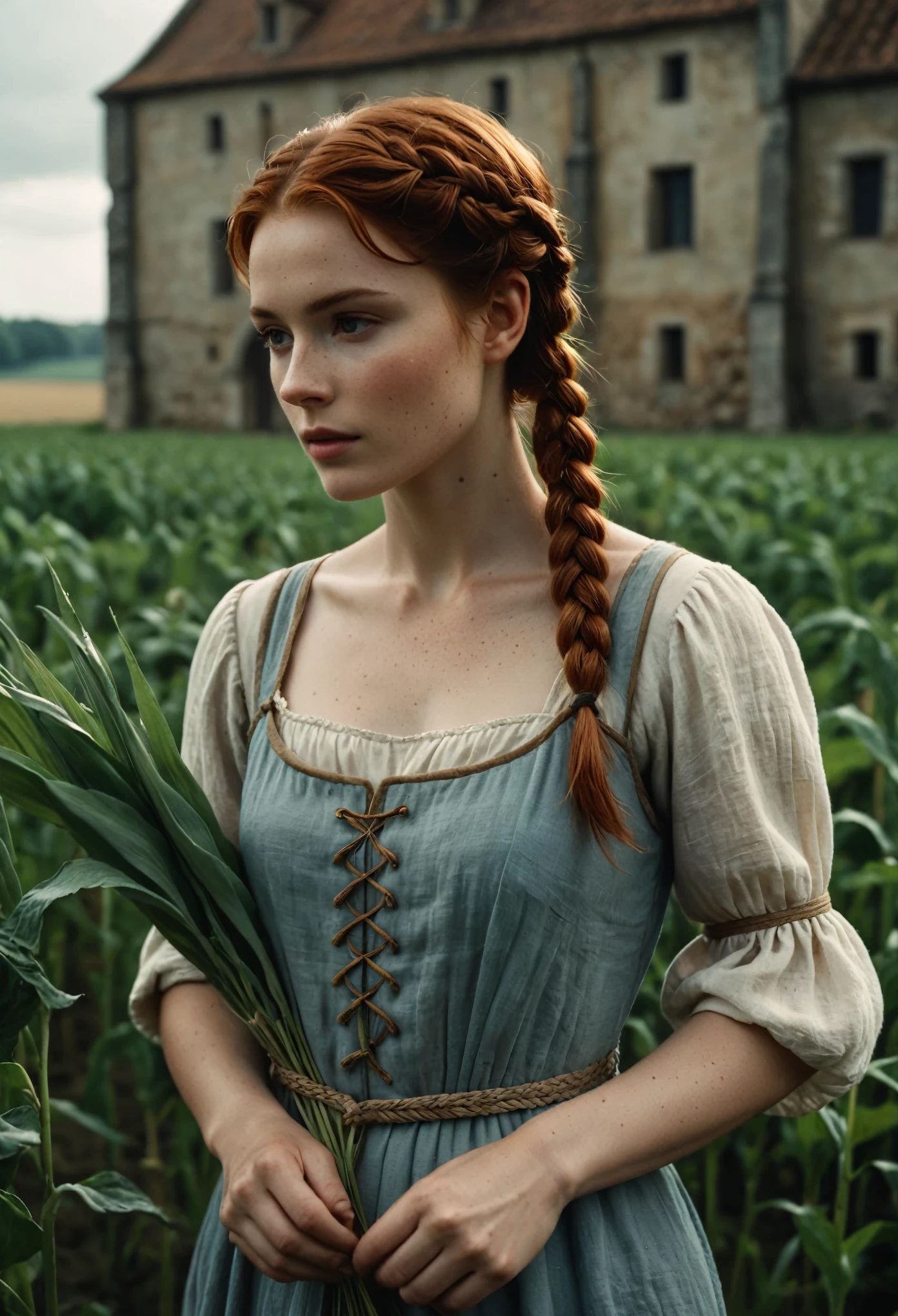 Cinematic Film Still, Medieval \(setting\), beautiful peasant woman, auburn hair, short braid hairstyle, pale skin, [light freckles], outdoors, picking crops, field, gloomy, overcast, cool color temperature, detailed skin texture, wearing soft linen Chemise, dramatic, dirty, castle wall in background, solo, cinematic lighting, muted color palette, shadow, 50mm, F/5.6 lens, ISO 1000, (extremely detailed), grim, gritty, Movie Still from Kingdom Come