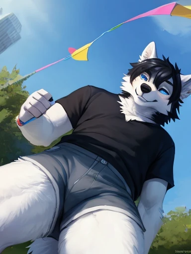 Big chest, camera point of view being able to see the wolf holding a kite with the kite flying in the sky you can see he is flying a kite holding a thing controlling the kite  in the sky a black white and grey anthropomorphic wolf with blue eyes and black hair Wearing black and white shorts at the city park and there is a city with a lake in the background sunny day With a kite in the background at a nice park ,pose))) , big chest , day, , sensual, detailed, uploaded to e621, beautiful and detailed portrait of an anthropomorphic , (((male))) uploaded to e621, zaush, foxovh, movie lighting, thicc, alone, detailed, 8k res, hires, detailed eyes, good anatomy, good perspective, towards viewer, by bebebebebe, by sicklyhypnos, by gerkk, by orf, nice hands, perfect hands, happy, romantic, ray tracing lighting, rtx on, By Bebebebebe, by SpiritD, by KOBITOWANI, b est quality, masterpiece, perfect anatomy, detai led picture)), 1femboy, , sexy body, fluffy tail, shy, horny, romantic, up close, wearing not a single bit of clothing, huge thighs,ace at the park eating Ice cream or ice pop in hot sunny day