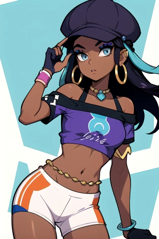 (masterpiece, best quality), 1girl, nessadef, dark skin, makeup, single hair bun, crop top, single glove, spandex shorts, hoop earrings, belly chain, armlet, wristband, nessacasual, dark skin, makeup, cabbie hat, purple shirt, off shoulder, white pants, hoop earrings,
