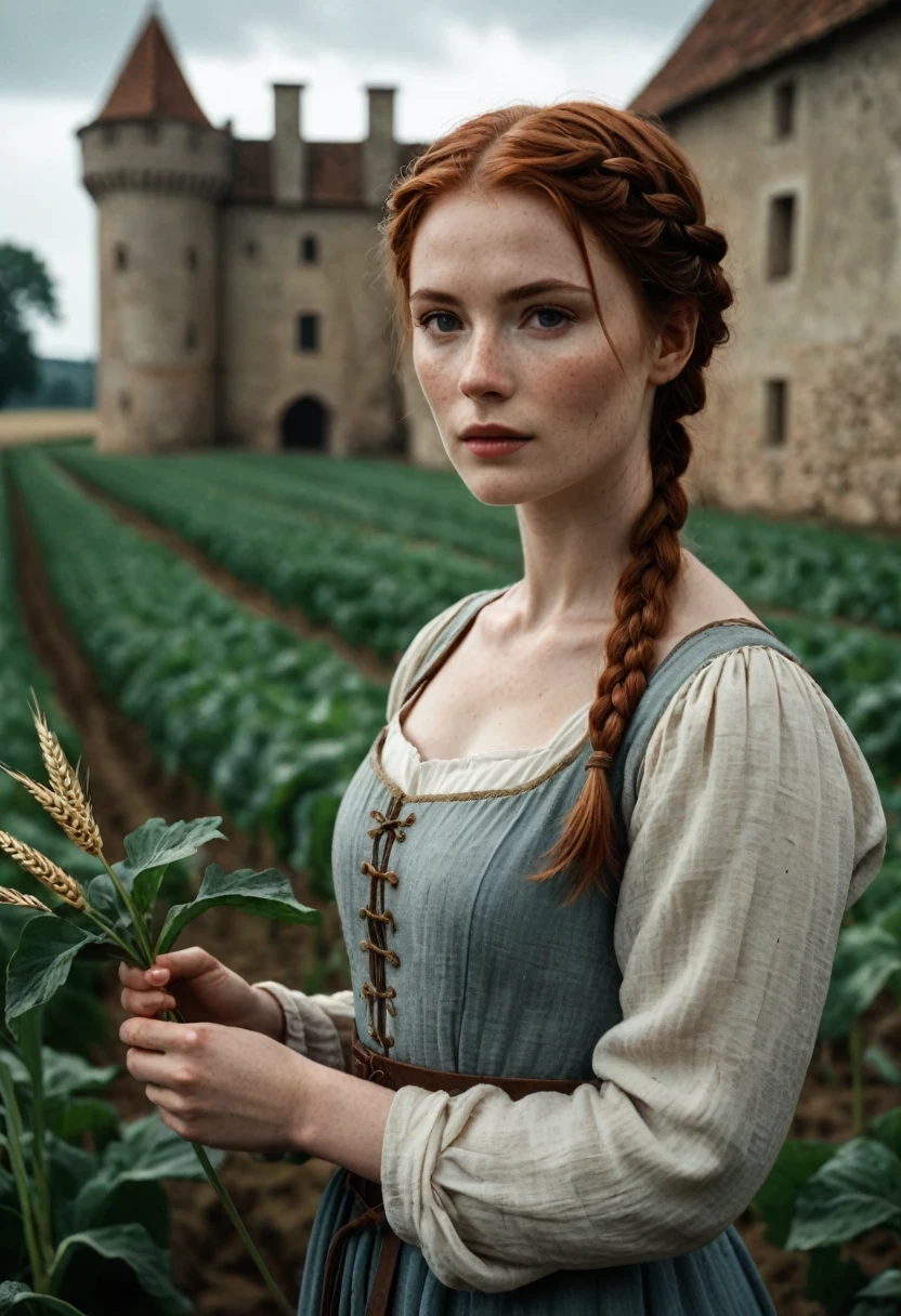 Cinematic Film Still, Medieval \(setting\), beautiful peasant woman, auburn hair, short braid hairstyle, pale skin, [light freckles], outdoors, picking crops, field, gloomy, overcast, cool color temperature, detailed skin texture, wearing soft linen Chemise, dramatic, dirty, castle wall in background, solo, cinematic lighting, muted color palette, shadow, 50mm, F/5.6 lens, ISO 1000, (extremely detailed), grim, gritty, Movie Still from Kingdom Come