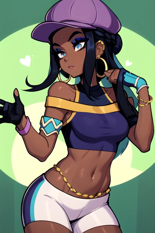 (masterpiece, best quality), 1girl, nessadef, dark skin, makeup, single hair bun, crop top, single glove, spandex shorts, hoop earrings, belly chain, armlet, wristband, nessacasual, dark skin, makeup, cabbie hat, purple shirt, off shoulder, white pants, hoop earrings,
