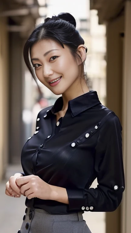 company employee、(Body turned to the side、Shooting from the side、Looking to the side,Shooting from the side:1.6),Not looking here、(General shirt、Wearing a white blouse、Wearing a typical business suit),(The fourth button on her blouse is slightly open.,Only the fourth button is open、All buttons except the fourth button are closed、Chest visible through the gap in the button、The edge of the bra is visible through the gap between the buttons.:1.5),Mid-chest、slender、ponytail、Black Hair、Beauty、23 years old、cute、smile、(Long shirt:1.8),Tuck the shirt into the skirt、Cleavage