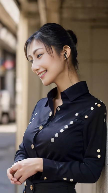 company employee、(Body turned to the side、Shooting from the side、Looking to the side,Shooting from the side:1.6),Not looking here、(General shirt、Wearing a white blouse、Wearing a typical business suit),(The fourth button on her blouse is slightly open.,Only the fourth button is open、All buttons except the fourth button are closed、Chest visible through the gap in the button、The edge of the bra is visible through the gap between the buttons.:1.5),Mid-chest、slender、ponytail、Black Hair、Beauty、23 years old、cute、smile、(Long shirt:1.8),Tuck the shirt into the skirt、Cleavage