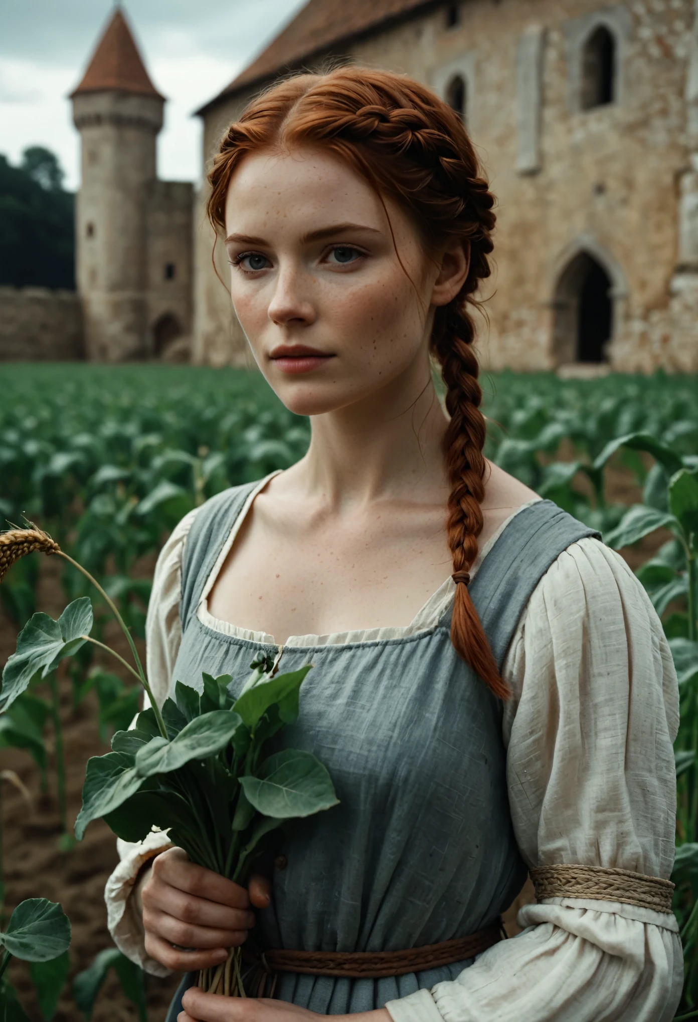 Cinematic Film Still, Medieval \(setting\), beautiful peasant woman, auburn hair, short braid hairstyle, pale skin, [light freckles], outdoors, picking crops, field, gloomy, overcast, cool color temperature, detailed skin texture, wearing soft linen Chemise, dramatic, dirty, castle wall in background, solo, cinematic lighting, muted color palette, shadow, 50mm, F/5.6 lens, ISO 1000, (extremely detailed), grim, gritty, Movie Still from Kingdom Come