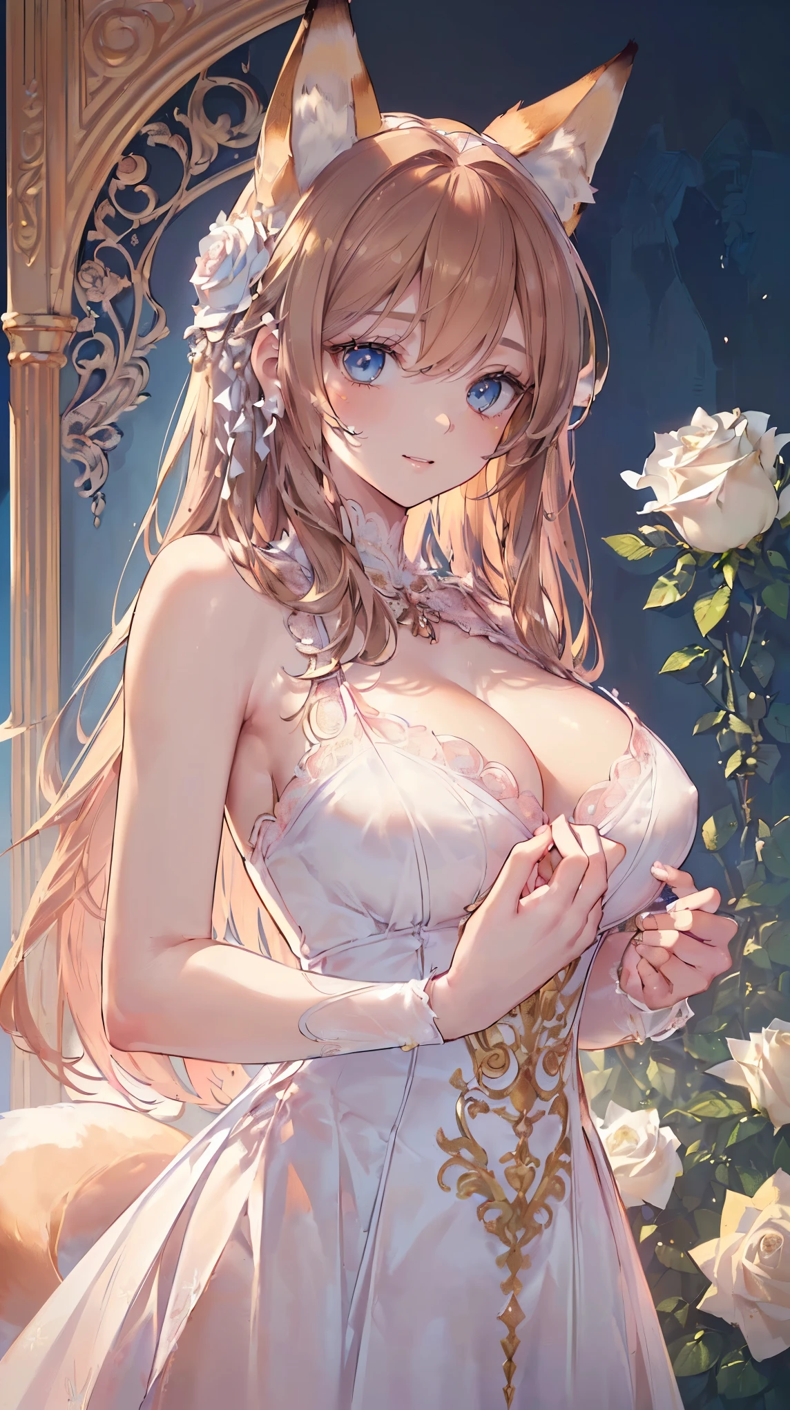 (((Masterpiece))), (((Highest quality))), ((Ultra-detailed)), ((Super fine illustration)), ((Ultra-fine painting)), (16K highest quality wallpaper:1.4), (Upper body:1.4), (Highly detailed and delicate illustration style:1.8), Detailed skin texture, Detailed cloth texture, Detailed rose flower texture, Extreme detailed description, (T-masterpiece), (Highly detailed face:1.4), (Highly detailed fox ears:1.2), (Highly detailed golden brown hair:1.2), (Highly detailed, beautiful and clear eyes:1.2), Original, RAW photo, Professional, Intricate details, Super details, Direct light:1.6, (Perfect anatomy:1.4), (Highly detailed hands:1.2), (Highly detailed fingers:1.2), (Highly detailed fingertips:1.2), (27-years-old), Real, (Solo:1.6), ((A very beautiful and attractive fox female fashion model:1.4))
BRAKE
(Beautiful and adorable fox ears:1.6), (Highly detailed and delicate fox ears:1.4), (Beautiful and well-shaped big breasts:1.2), (Beautiful and well-shaped buttocks), (Beautiful and shiny golden brown hair:1.6), (Highly detailed and delicate golden brown hair:1.4), (Beautiful clear blue eyes that shine with great detail:1.6), (Highly detailed and delicate blue eyes:1.2), (Highly detailed face:1.4), (Smile:1.4), (Looking at viewer:1.4), (Standing:1.4), (Celebration:1.4)
BRAKE
((A beautiful and gorgeous princess dress that is detailed and delicate to be worn at celebratory occasions:1.4))
BRAKE
((Holding in both hands a large bouquet of highly detailed and delicate ((white and pink roses)):1.3))
BRAKE
(Just after noon:1.4), (Celebration:1.4), ((Highly detailed and delicate white rose flower and pink rose flower garden background:1.4)), (Highly detailed and delicate royal palace courtyard background in just after noon in spring:1.4) BRAKE