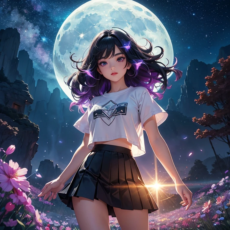 expansive landscape photography, (view from below overlooking the sky and wild nature below), BREAK 1 girl with big hair, pearl color, beautiful and detailed eyes, red lips, (beautiful and detailed face with perfect symmetry), stands wearing white cropped t-shirt, black pleated mini skirt, lifting skirt, (body with perfect ???????, perfect natural texture, raised details, glowing skin), BREAK standing in a field of flowers, looking back, looking at the observer, (moon full: 1.2), (shooting star: 0.9), (nebula: 1.3), distant mountain, tree breaking production art, (warm light source: 1.2), (firefly: 1.2), lamp, Purple and Orange, intricate detail, BREAK volumetric lighting (Artwork: 1.2), (highest quality), 8k, ultra-detailed, (Dynamic setting: 1.4), highly detailed and colorful details (Iridescent: 1.2), (bright lighting, atmospheric lighting), dreamy, magical, (Alone: 1.2)