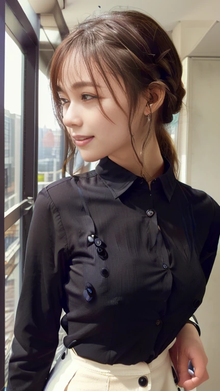 company employee、(Body turned to the side、Shooting from the side、Looking to the side,Shooting from the side:1.6),Not looking here、(General shirt、Wearing a white blouse、Wearing a typical business suit),(The fourth button on her blouse is slightly open.,Only the fourth button is open、All buttons except the fourth button are closed、Chest visible through the gap in the button、The edge of the bra is visible through the gap between the buttons.:1.5),Mid-chest、slender、ponytail、Black Hair、Beauty、23 years old、cute、smile、(Long shirt:1.8),Tuck the shirt into the skirt、Cleavage、see-through bra