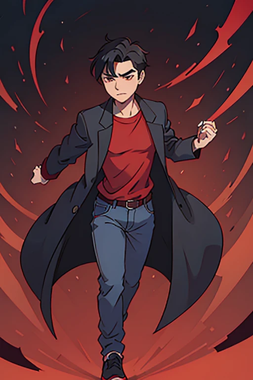 Male character with red eyes, black hair combed back, wearing an overcoat with a sash tied around his arm, red shirt, jeans and shoes