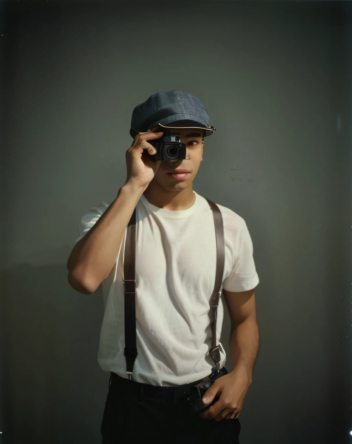 arafed man in white shirt and hat holding camera and looking through lens, shot with a arriflex 35 ii, cinematic outfit photo, film portrait, shot on kodak ektar, analog photo, photo in style of tyler mitchell, 3 5 mm portrait, photographed on colour film, analogue photography, frank moth, a photo of a man, photography portrait