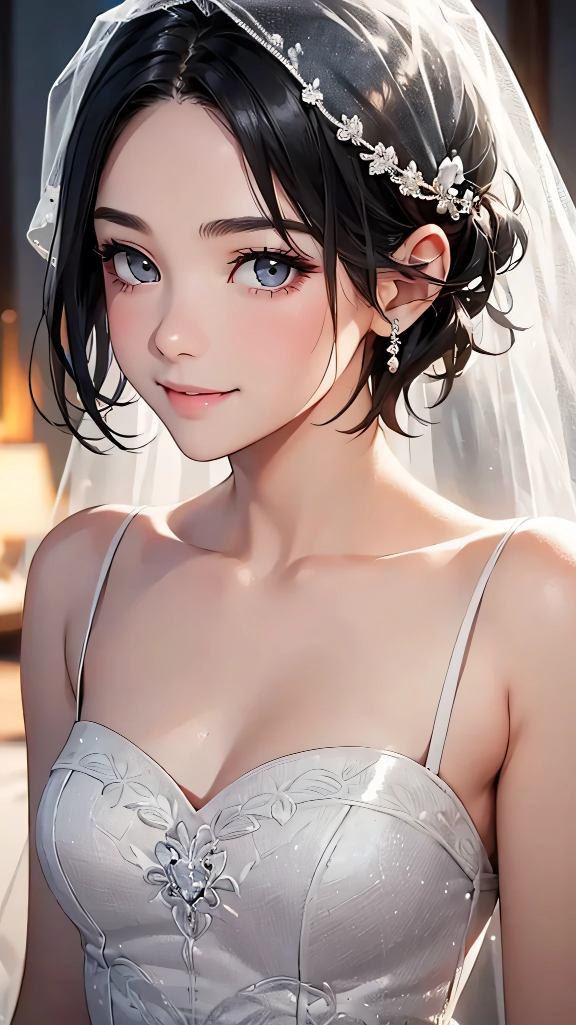 highest quality、Realistic、girl、zoom、cute、Grey Eyes、Black Hair、the forehead is protruding、short hair、Wedding dress、Looking down、smile、Bust Shot、thin、Small breasts