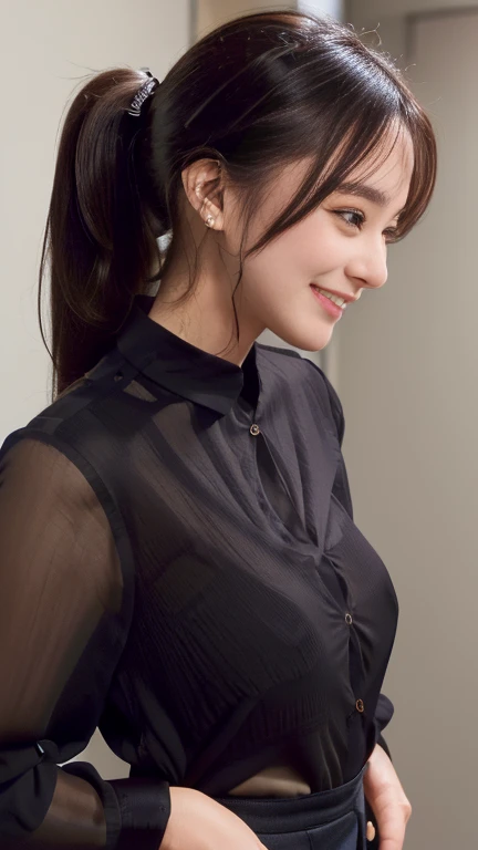 company employee、(Body turned to the side、Shooting from the side、Looking to the side,Shooting from the side:1.6),Not looking here、(General shirt、Wearing a white blouse、Wearing a typical business suit),(The gap in her blouse is slightly open,Only the fourth button is open、The button is closed、Chest visible through the gap in the button、The edge of the bra is visible through the gap between the buttons.:1.5),Mid-chest、slender、ponytail、Black Hair、Beauty、23 years old、cute、smile、(Long shirt:1.8),Tuck the shirt into the skirt、Cleavage