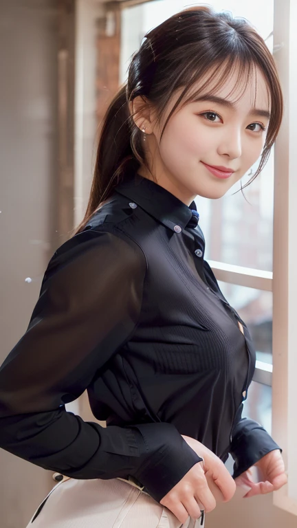 company employee、(Body turned to the side、Shooting from the side、Looking to the side,Shooting from the side:1.6),Not looking here、(General shirt、Wearing a white blouse、Wearing a typical business suit),(The gap in her blouse is slightly open,Only the fourth button is open、The button is closed、Chest visible through the gap in the button、The edge of the bra is visible through the gap between the buttons.:1.5),Mid-chest、slender、ponytail、Black Hair、Beauty、23 years old、cute、smile、(Long shirt:1.8),Tuck the shirt into the skirt、Cleavage