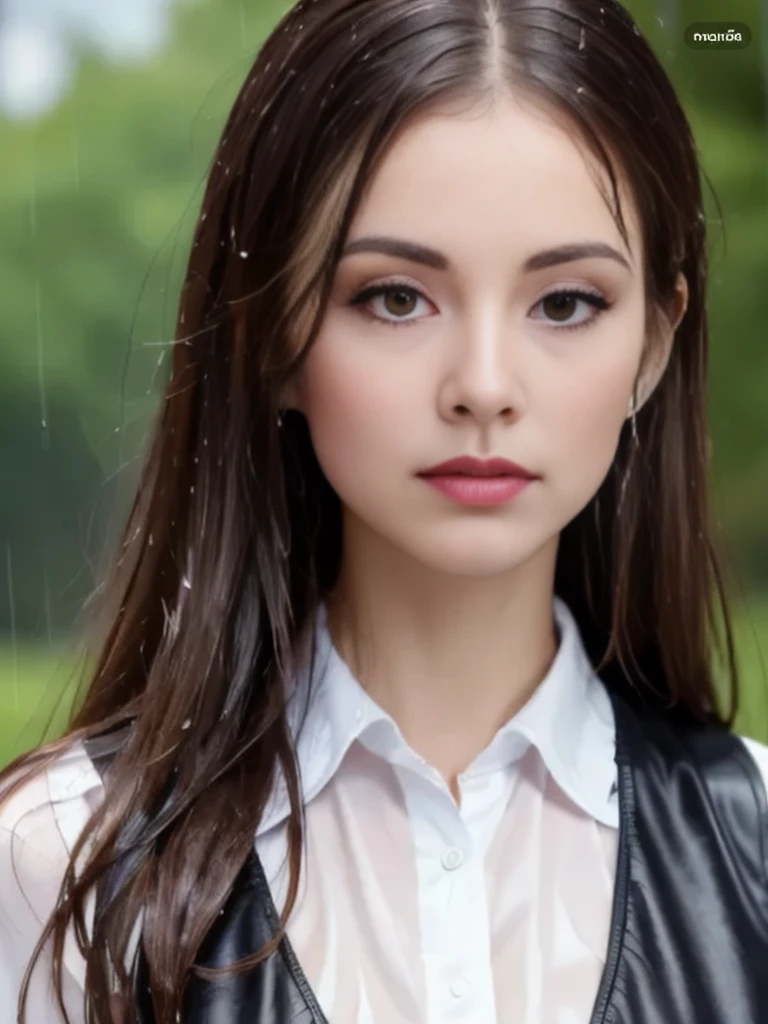 Close-up of woman in leather vest and white shirt., rain picture, Beautiful girl standing in the rain, Soft portrait 8 k, Portrait of Sophie Mudd, close-up portrait, beautiful young woman, close-up portrait, Anna Nikonova aka New Milky, high quality vertical, wet rain, 4k portrait photography, Very beautiful girl.