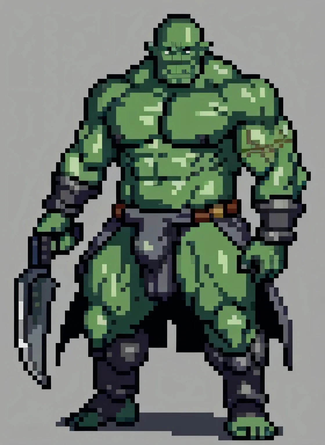 An orc brute with a hidden massive ????, ((best quality)), ((masterpiece)), (detailed), (((looking straight at viewer))), ((grey backdrop)), greyish green skin, shoulder pauldrons, light leather armor, savage, holding a battle axe, (weapon in full view), muscular, (((massive ???? bulge hidden under loin cloth))), portrait, dangerous, ((head centered and within frame)), (portrait), ((full body shot)), (showing lower half), ((blank grey background)), 
