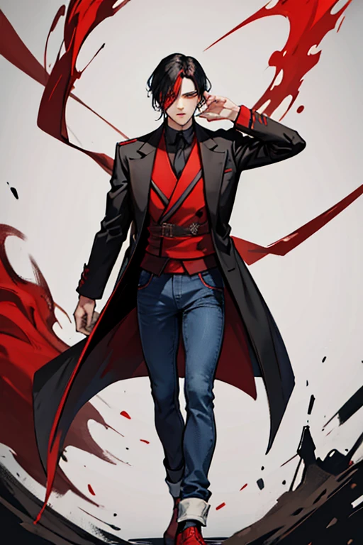 Male character with red eyes, black hair combed back, wearing an overcoat with a sash tied around his arm, red shirt, jeans and shoes